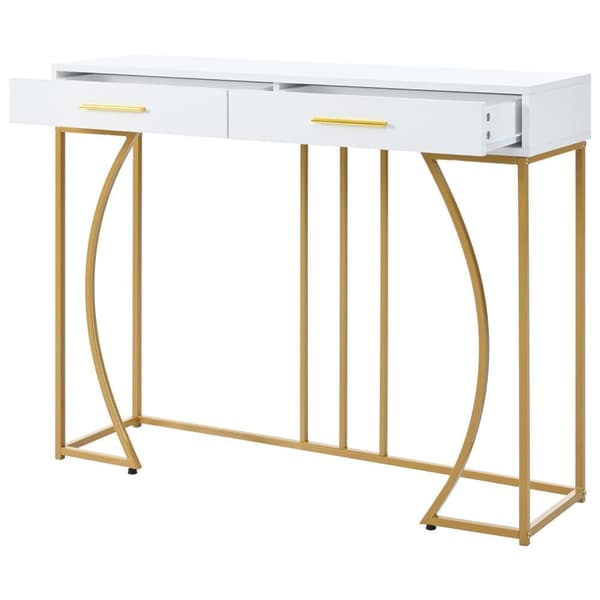 Konsolbord med 2 skuffer, Sidebord i lys luksusstil til entré eller stue, Sofabord 120×38×76cm, Hvid/Guld