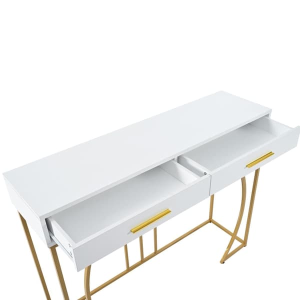 Konsolbord med 2 skuffer, Sidebord i lys luksusstil til entré eller stue, Sofabord 120×38×76cm, Hvid/Guld