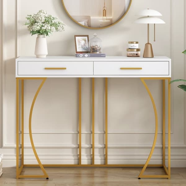 Konsolbord med 2 skuffer, Sidebord i lys luksusstil til entré eller stue, Sofabord 120×38×76cm, Hvid/Guld