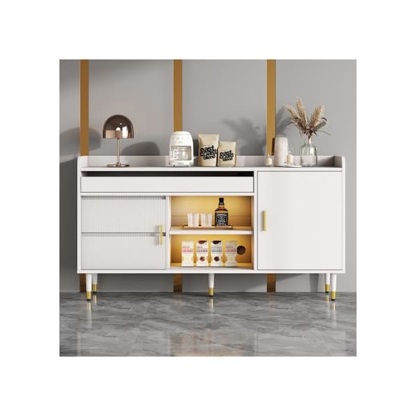 Buffé med skjutdörrar i glas och LED-belysning - Kommod i massivträ, vit, L140/D38/H76
