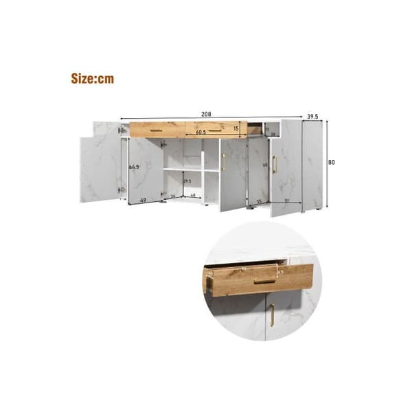 Sideboard, köksskåp, förvaringsskåp 208 x 39.5 x 80 cm, Kommod med 4 dörrar, 2 lådor, Bufféer