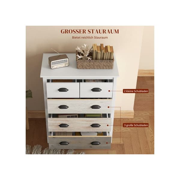 HOMCOM Kommod med 5 lådor med anti-tipp för sovrum Vardagsrum, vit 70x38x85 cm