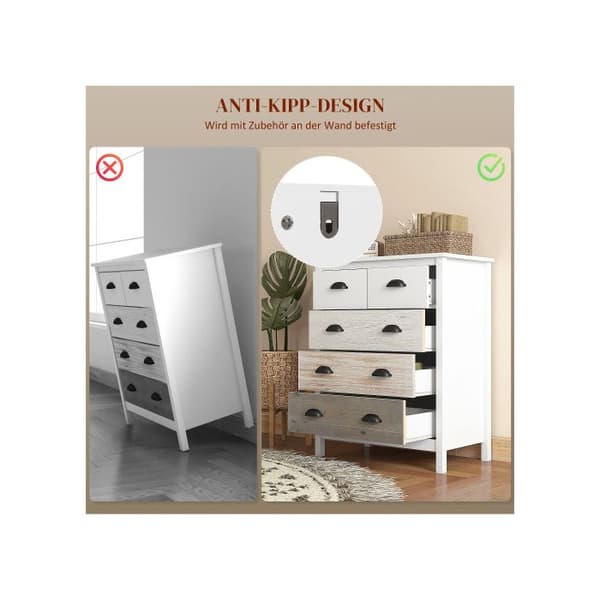 HOMCOM Kommod med 5 lådor med anti-tipp för sovrum Vardagsrum, vit 70x38x85 cm