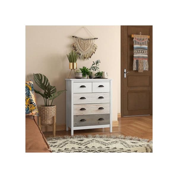 HOMCOM Kommod med 5 lådor med anti-tipp för sovrum Vardagsrum, vit 70x38x85 cm