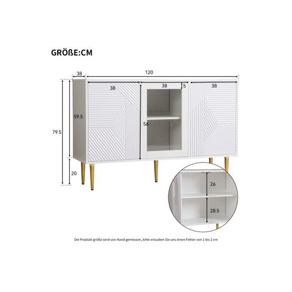 Kommodesk med 3 dörrar, med metallben och glasdörrar, vit, Dimension: 120 x 38 x 79,5 cm