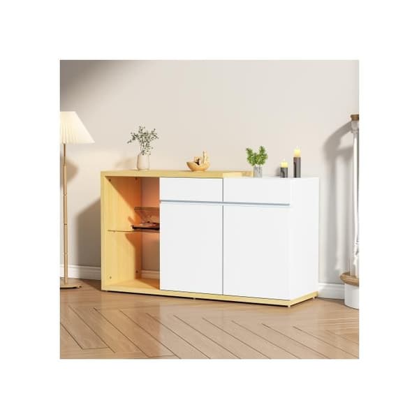 LED Sideboard Bredd 120 cm, Multifunktionell sidobord, 2 dörrar, 2 lådor, skåp med LED-belysning