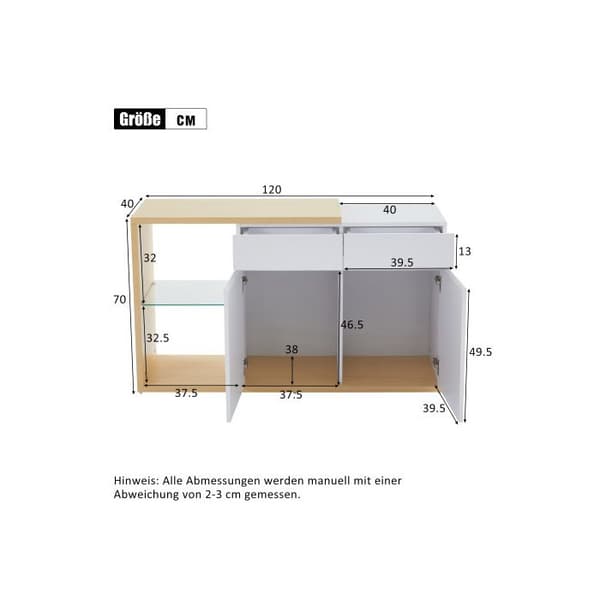 LED Sideboard Bredd 120 cm, Multifunktionell sidobord, 2 dörrar, 2 lådor, skåp med LED-belysning