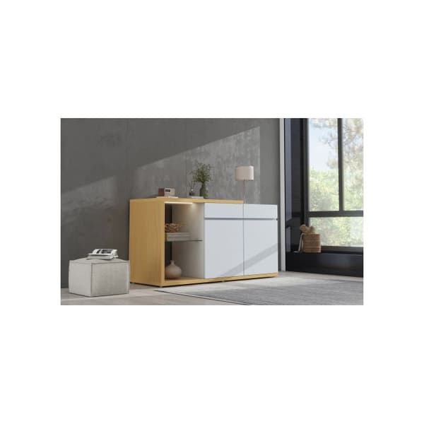 LED Sideboard Bredd 120 cm, Multifunktionell sidobord, 2 dörrar, 2 lådor, skåp med LED-belysning