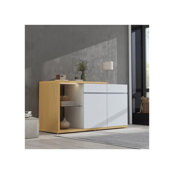 LED Sideboard Bredd 120 cm, Multifunktionell sidobord, 2 dörrar, 2 lådor, skåp med LED-belysning
