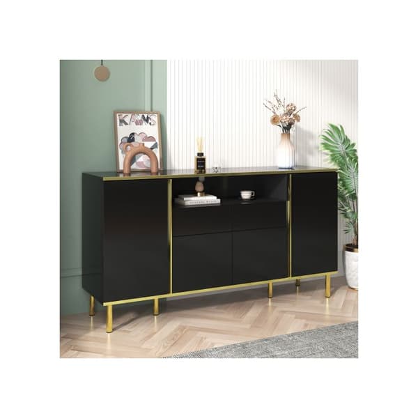 Buffé, svart glansig byrå, 2 lådor Byrå, sovrumsskåp med lådor, svart glansig Buffé-B150/T40/H80cm