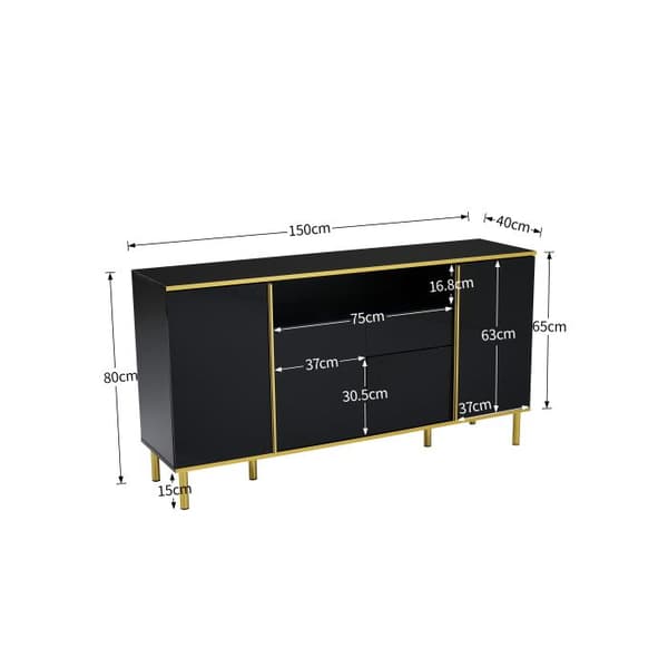 Buffé, svart glansig byrå, 2 lådor Byrå, sovrumsskåp med lådor, svart glansig Buffé-B150/T40/H80cm
