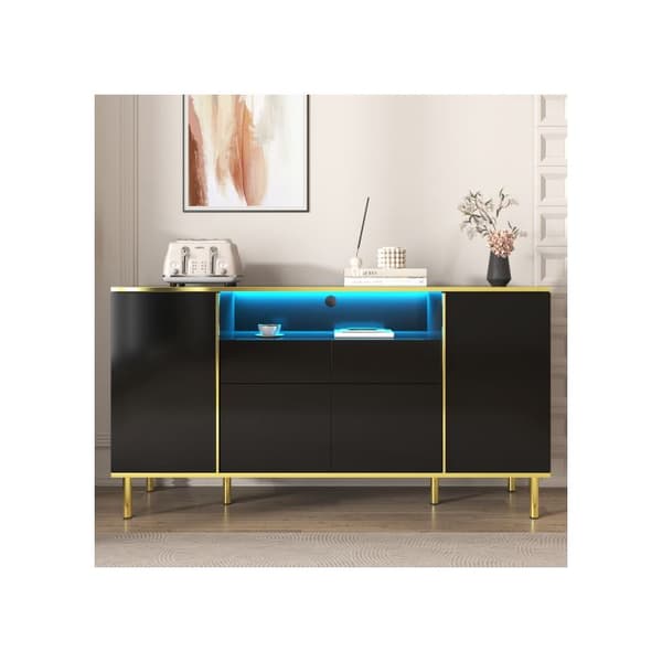 Buffé, svart glansig byrå, 2 lådor Byrå, sovrumsskåp med lådor, svart glansig Buffé-B150/T40/H80cm