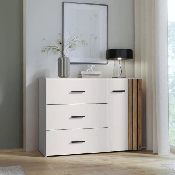 Byrå - WAIKATO - 3 lådor - 1 lucka - Vit - 119,9 x 41,3 x 89,7 cm