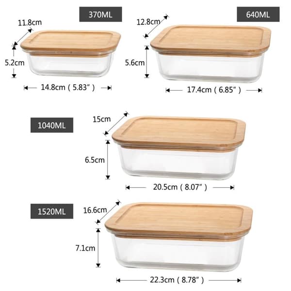 4 stycken glas matlådor med bambu lock i olika storlekar