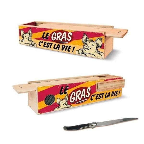 Humoristisk korvlåda med kniv le gras c'est la vie
