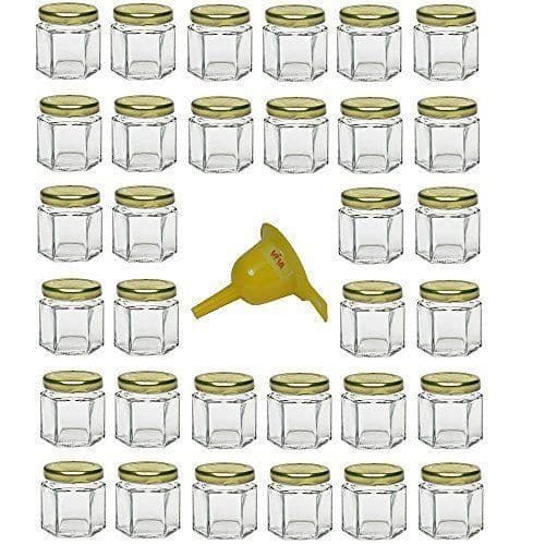 Viva Haushaltswaren G1060047 / 32T / X Set med 32 mini syltburkar med gyllene lock 47 ml tratt