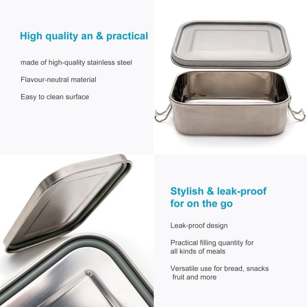 Bärbar lunchlåda i rostfritt stål för förvaringslåda i silver med 800 ml kapacitet - För att transportera mat, snacks och annat