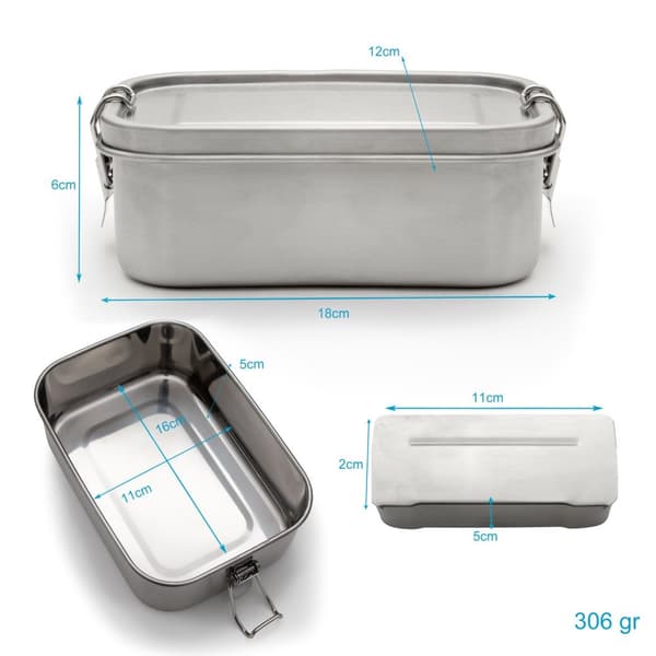 Bärbar lunchlåda i rostfritt stål för förvaringslåda i silver med 800 ml kapacitet - För att transportera mat, snacks och annat