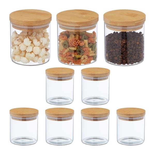 Relaxdays Set med 9 glasburkar, små burkar med bambulock, 500 ml, lufttät, genomskinlig/natur