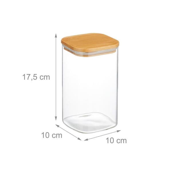 Relaxdays Set med 3 glasburkar, lock i bambu, fyrkantig, förvaring, 1200 ml, lufttät, transparent/naturlig