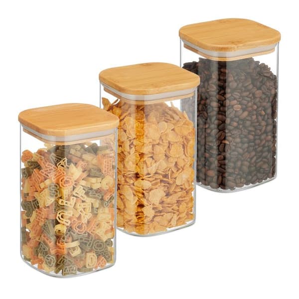Relaxdays Set med 3 glasburkar, lock i bambu, fyrkantig, förvaring, 1200 ml, lufttät, transparent/naturlig