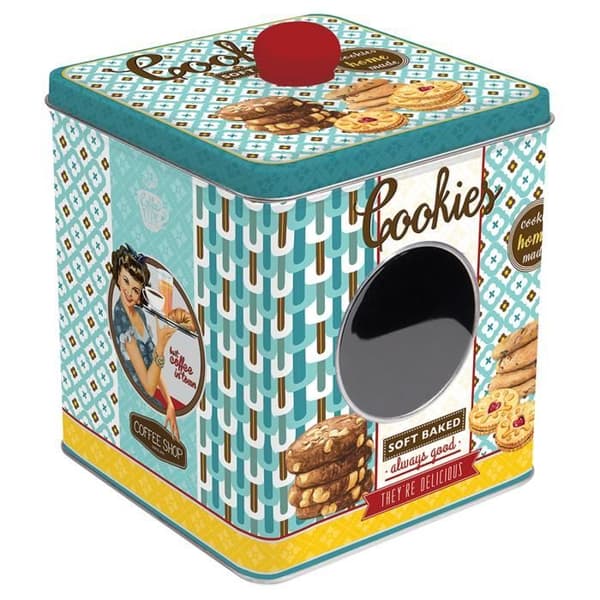 Kaklåda med MJUKBAKAT fönster i blå metall - Förvaring och konservering för kökskakor Kex Vintage Retro Decor