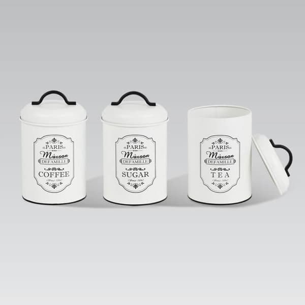 Set med 3 metallförvaringsbehållare Maestro Paris Sockerlåda Kaffe Te Köksbehållare 3x Ø11,3 x 18,5 cm Vit/svart
