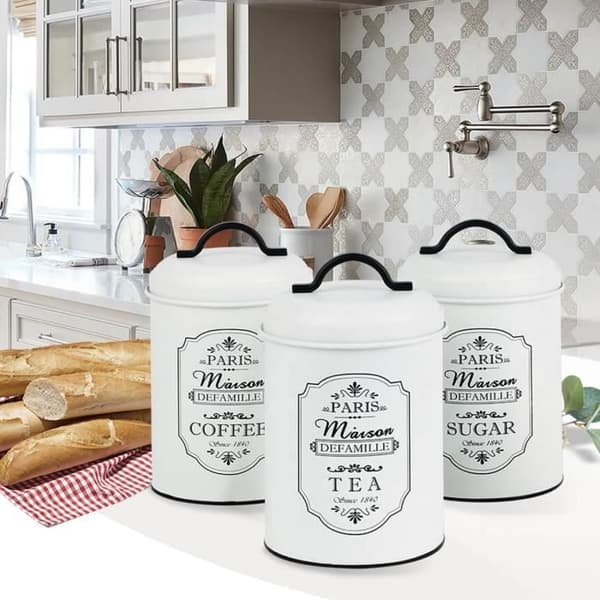 Set med 3 metallförvaringsbehållare Maestro Paris Sockerlåda Kaffe Te Köksbehållare 3x Ø11,3 x 18,5 cm Vit/svart