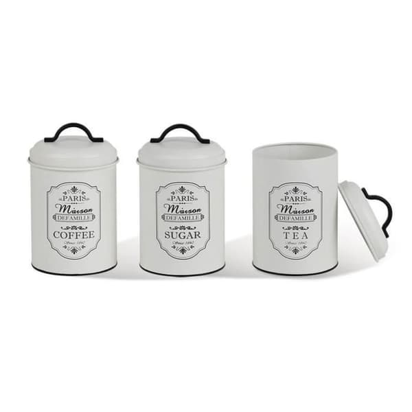 Set med 3 metallförvaringsbehållare Maestro Paris Sockerlåda Kaffe Te Köksbehållare 3x Ø11,3 x 18,5 cm Vit/svart