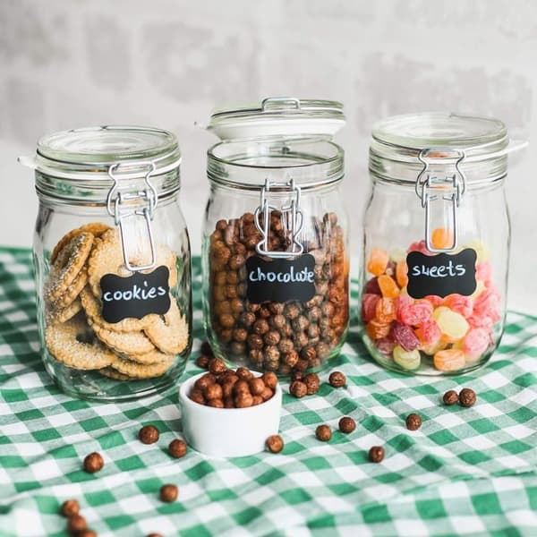 Set med 6 CREATIVE HOME lufttäta glasburkar - 1L - Inkluderar etiketter och krita