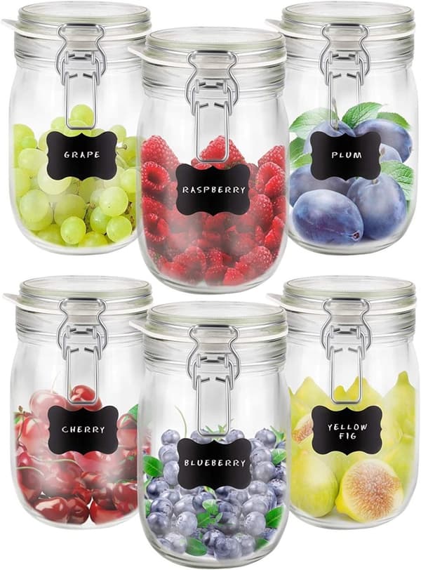 Set med 6 CREATIVE HOME lufttäta glasburkar - 1L - Inkluderar etiketter och krita