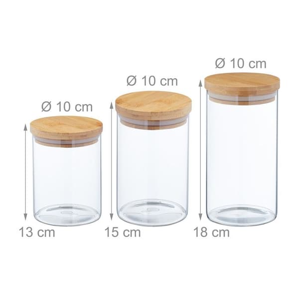 Relaxdays Set med 6 glasburkar med bambulock, 650 ml, 800 ml och 1 l, lufttät, transparent/naturlig
