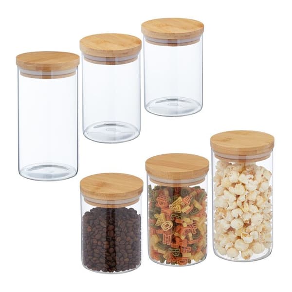Relaxdays Set med 6 glasburkar med bambulock, 650 ml, 800 ml och 1 l, lufttät, transparent/naturlig