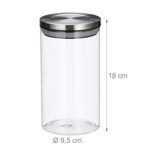 Relaxdays Förvaringsburkar set om 3, 1l, lufttätt, rostfritt stållock, Kryddor, ris, te, Transparent behållare