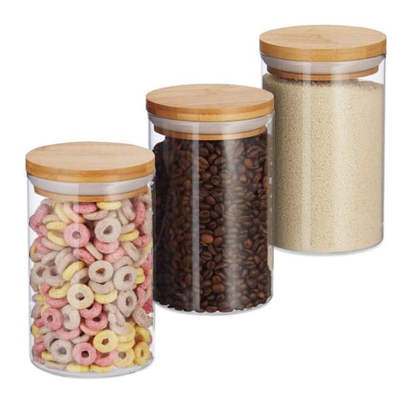 Relaxdays Glasförvaringslådor, set om 3, pasta, ris, flingor, kaffebönor, volym 800 ml, HxD 16x9,5 cm,