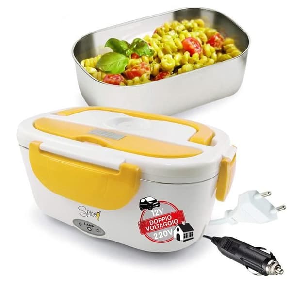 Spice Amarillo INOX Plus Dual Voltage Bärbar Diskvärmare 220 V 12 V med avtagbar 1,5 L bricka + set med 3 bestick