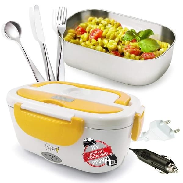 Spice Amarillo INOX Plus Dual Voltage Bärbar Diskvärmare 220 V 12 V med avtagbar 1,5 L bricka + set med 3 bestick