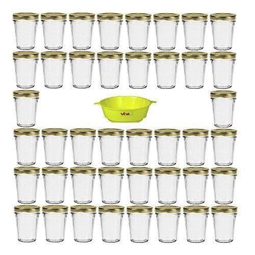 Viva husgeråd sats med små burkar med 42 lock 80 ml glas bakpasta tratt gul