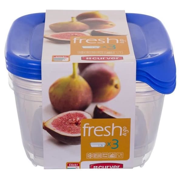 Fryssäkra fyrkantiga matförvaringsbehållare i plast med blått lock, set med 3 st (1,2 l)...