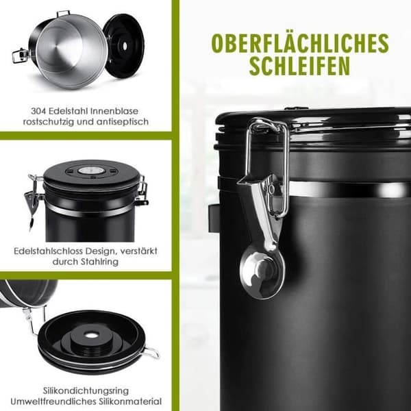 Kaffeförpackning, Hermetisk kaffebehållare 500g Malet kaffe i rostfritt stål Med fräschörklocka och sked, Svart 1.5l