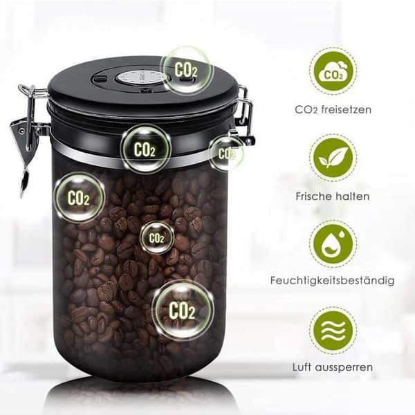 Kaffeförpackning, Hermetisk kaffebehållare 500g Malet kaffe i rostfritt stål Med fräschörklocka och sked, Svart 1.5l
