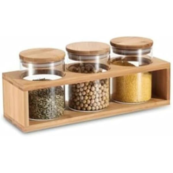 Set med 3 burkar - DKD Home Decor - Naturlig - Bambu och borosilikatglas - 31 x 11 x 11,5 cm