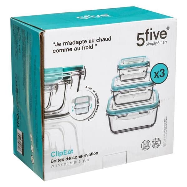 Förvaringslådor - FIVE - ClipEat - Set om 3 - Glas - Tätslutande - Utan BPA