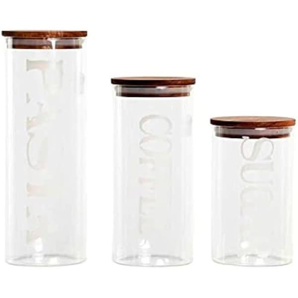 Set med 3 burkar - DKD Heminredning - Acaciaträ och borosilikatglas - Klart - 4" x 4" x 11"