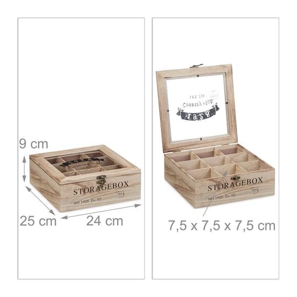 Relaxdays Teeskrivlåda, 9 fack, trä, organizer med visningsfönster, displayer, 9x24x25 cm, natur