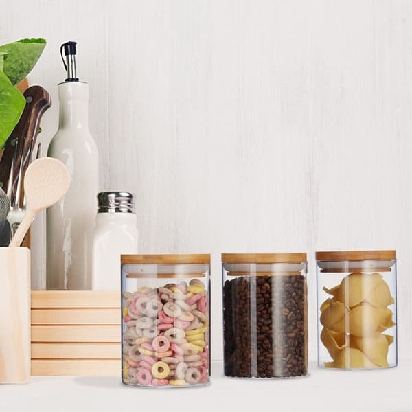 Relaxdays Glasförvaringslådor, set om 3, storlekar 600 ml, pasta, ris, flingor, kaffe, D 5 cm, bambu