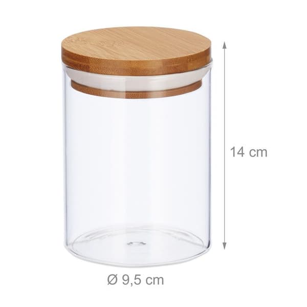 Relaxdays Glasförvaringslådor, set om 3, storlekar 600 ml, pasta, ris, flingor, kaffe, D 5 cm, bambu