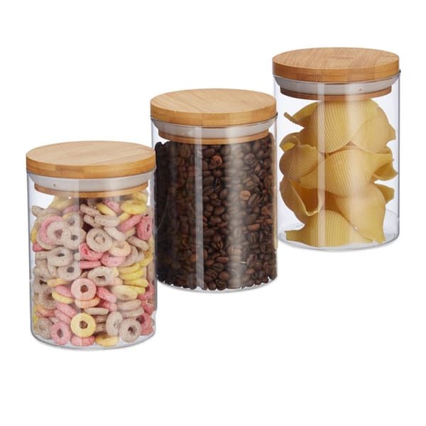 Relaxdays Glasförvaringslådor, set om 3, storlekar 600 ml, pasta, ris, flingor, kaffe, D 5 cm, bambu