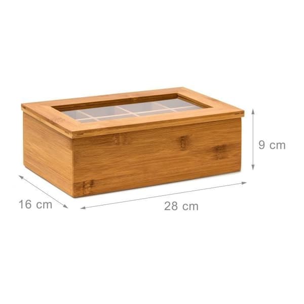 Relaxdays Teaskrin i bambu 8 fackor Förpackning för tepåsar och löste blommor 9 x 28 x 16 cm Transparent fönster, natur