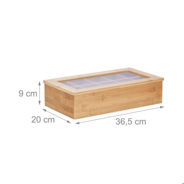 Relaxdays Teaskrin i Bambu 10 Fackor Stor Stabil Mångsidig Funktionell Hållbar Bevarar Aromer Glas, Natur